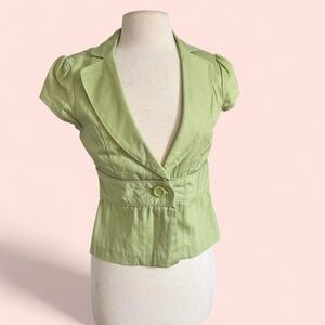 Y2K 2000’s Vintage Ruched Short Puff Sleeve Green Lightweight Blazer Jacket